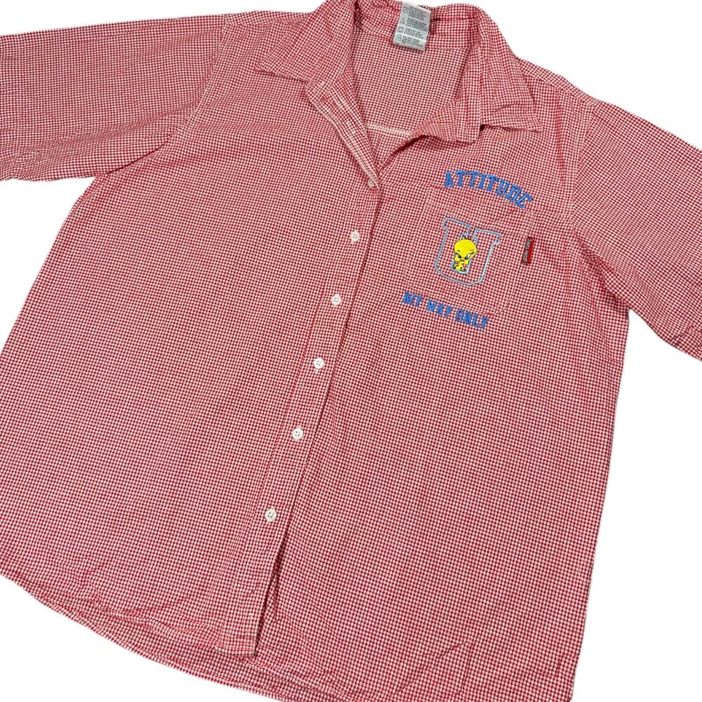 90s Looney Tunes Tweety Bird Embroidered Red Gingham Shirt 18/20W Plus Size